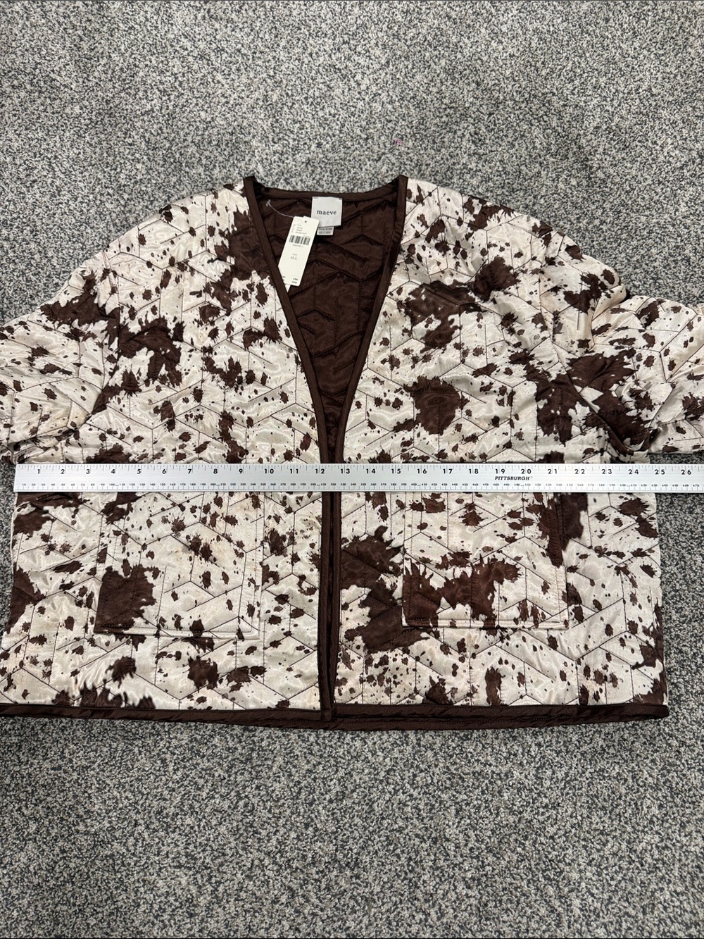 New! Maeve Anthropologie Open Front Cow Print Cream and Brown Quilted Jacket OS - Picture 13 of 14